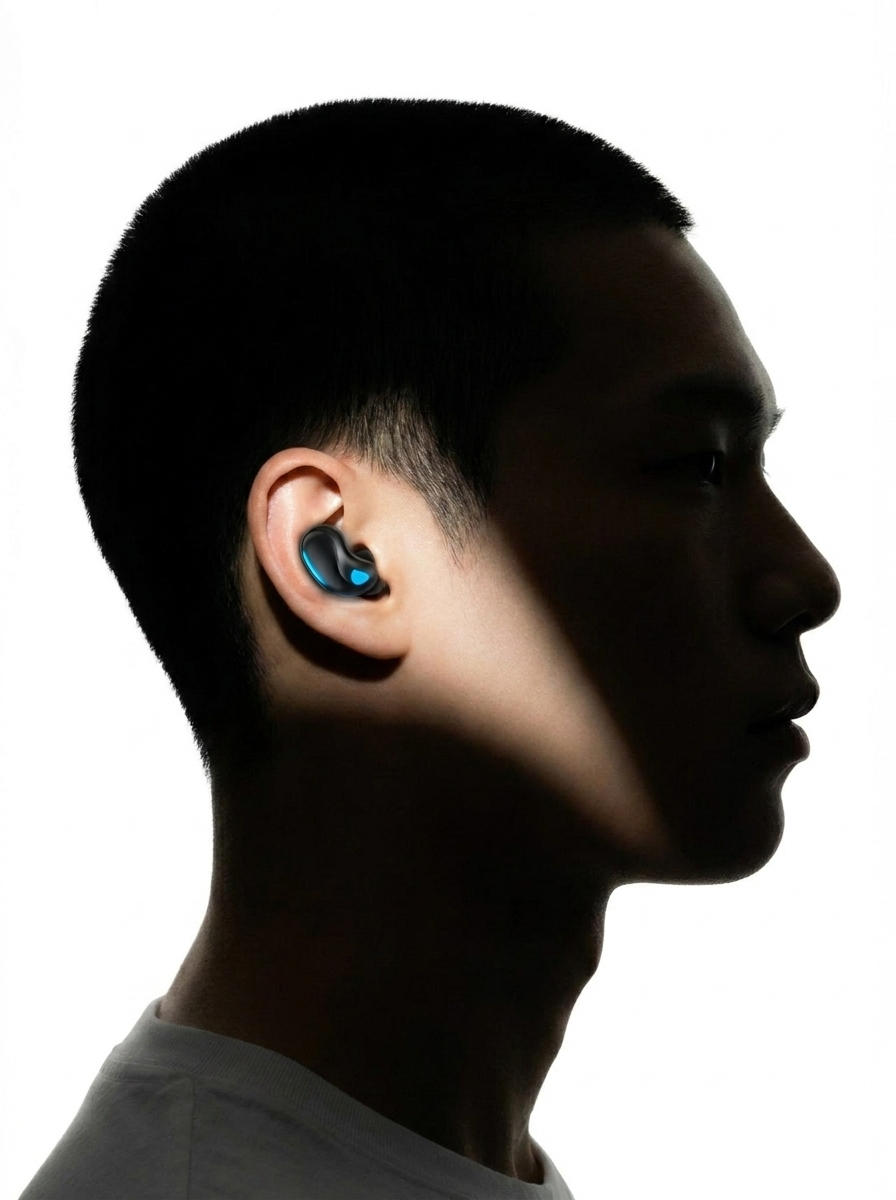 Side sleeper wearing the ultra-flush Zavelian Acoustic Sleep Earbuds