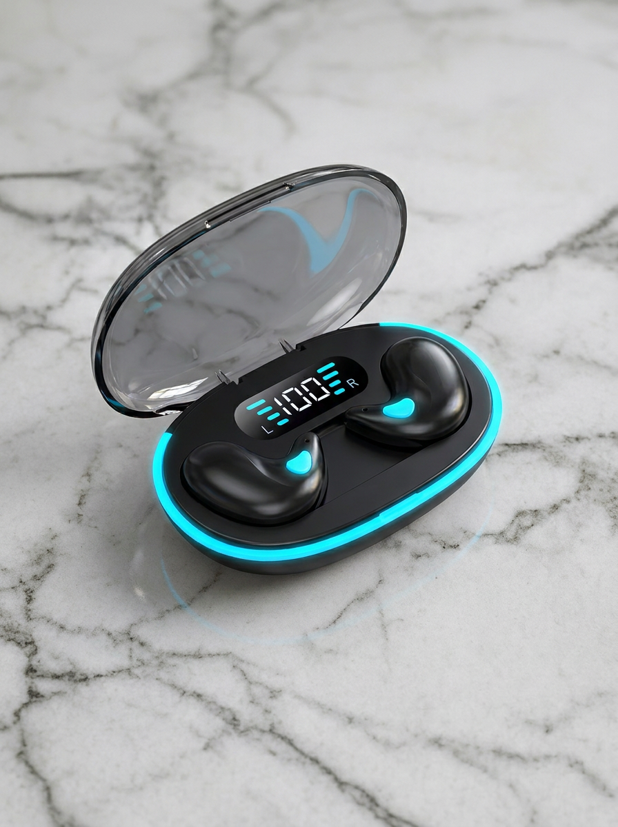 Zavelian Acoustic Sleep Earbuds in their charging case on marble